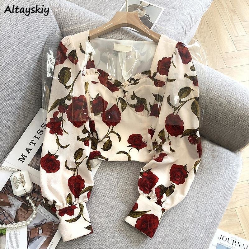 Retro Vintage Korean Fashion - S-3XL Rose Blouses for Women Sexy