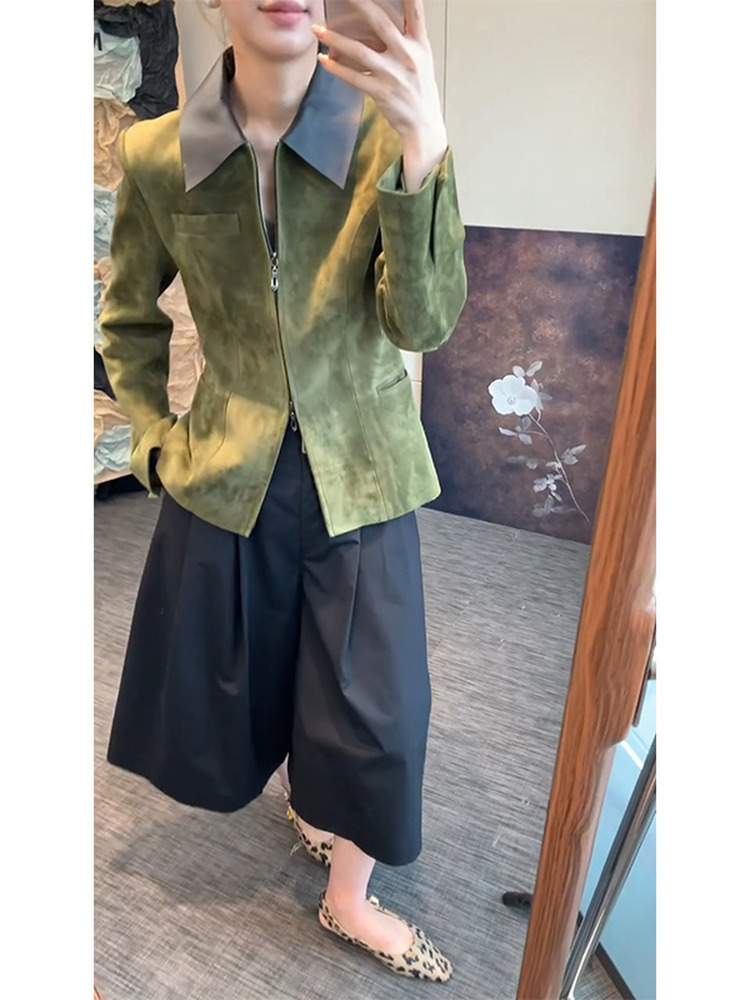 Retro Style Green Suede Jacket - огляд і ціна Retro Vintage Korean Fashion