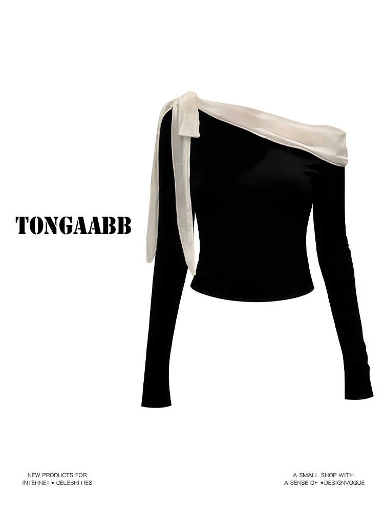 Women's Black Slash Neck T-shi - огляд і ціна Retro Vintage Korean Fashion