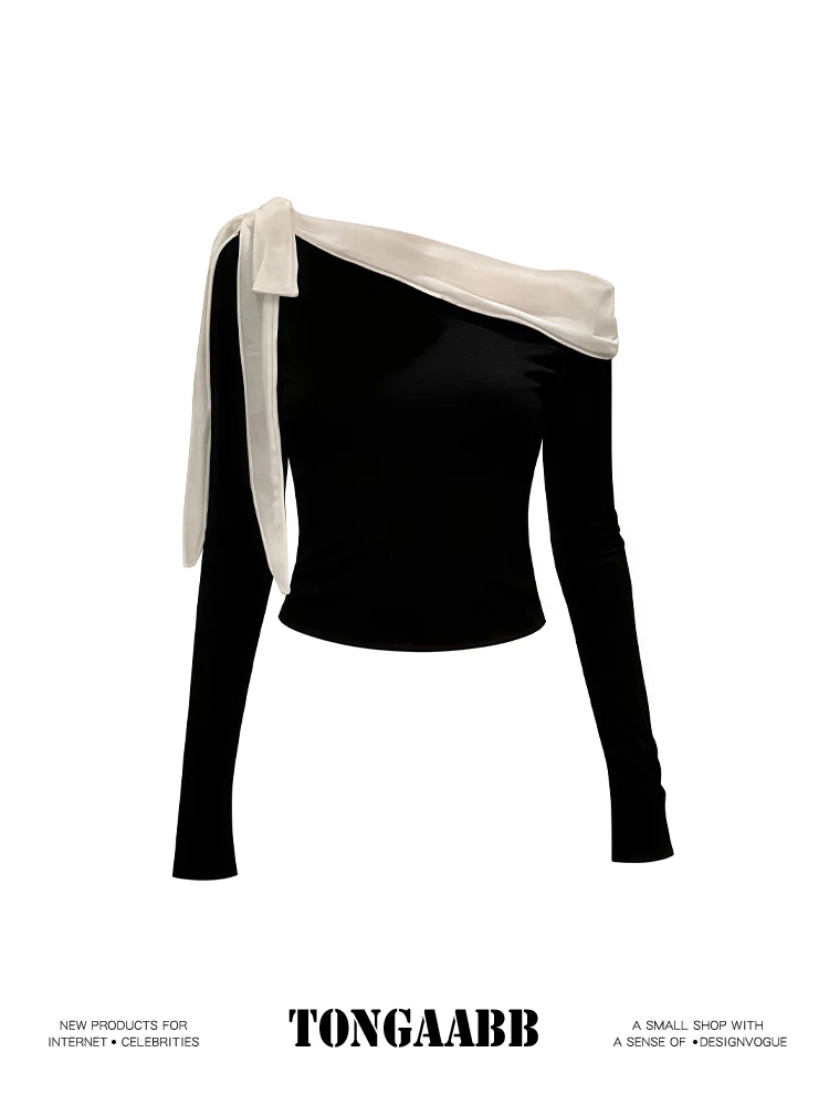 Women's Black Slash Neck T-shi - огляд і ціна Retro Vintage Korean Fashion